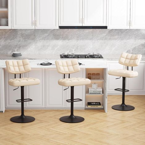 Barhocker 3er Set, höhenverstellbar, drehbar, mit Rückenlehne, PU-Leder, Beige (1/5)