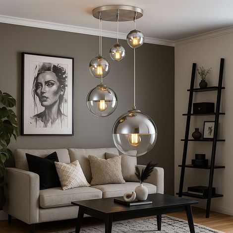 Pendelleuchte Hängelampe Wohnzimmerleuchte Glas Kugel transparent LED, Metall Glas, 5 flammig, LED, H 150 cm