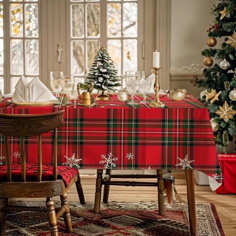 Weihnachts-Tischdecke Tartan Rot mit Schneeflocken, 142x259cm, wasserdicht