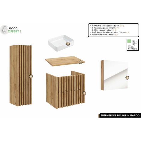 Ensemble complet de salle de bain - Meuble - Colonne - Miroir - Vasque à poser avec Siphon OFFERT MARCO Oak 60 x 56 x 45 cm (1/5)
