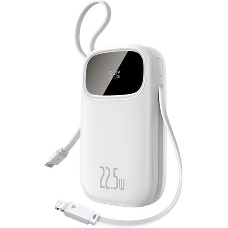 Batería externa de 20000 mAh y 22,5 W con pantalla y cables USB-C y Lightning para iPhone - Blanca (1/5)