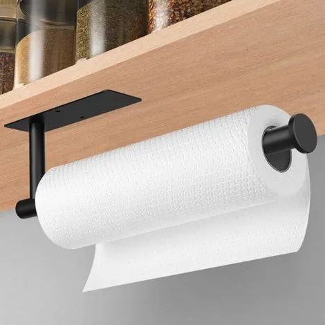 Porte-rouleau de papier essuie-tout adhésif ou sans perçage, pour installation sous meuble, en acier inoxydable, noir, idéal pour la salle de bain et la cuisine. (1/3)