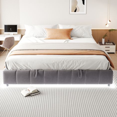 lit adulte double rangement LED 180x200 flanelle gris OKMYHOME (1/5)
