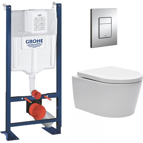 Pack WC autoportant avec cuvette Swiss Aqua Technologies sans bride + Plaque chrome (ProjectSATrimless-1-SP)