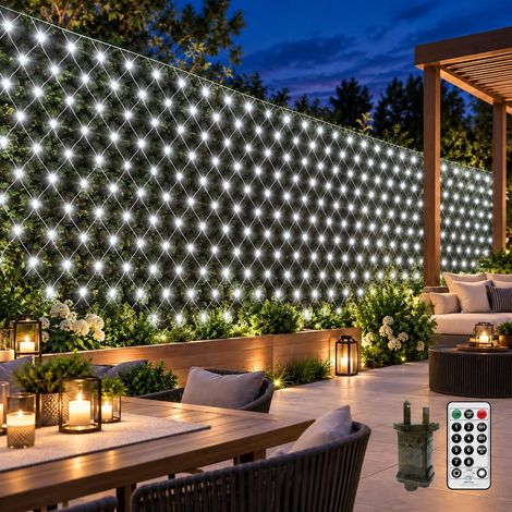 Filet Lumineux d'Extérieur Solaire de Noël, 6 x 2 m, Maille Étanche Avec 8 Modes de Minuterie Pour Décoration de Tonnelle et Sapin, Blanc (1/5)