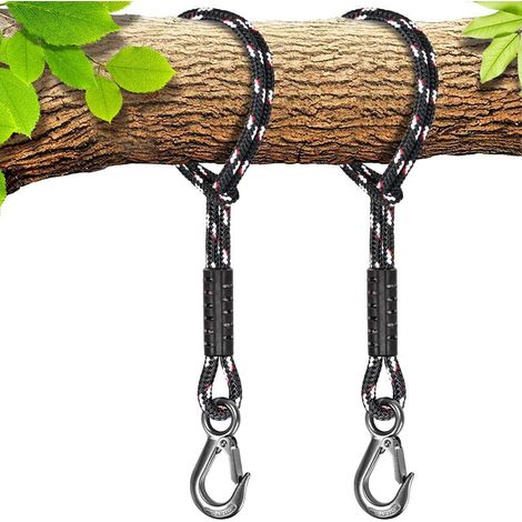 2pcs Corde de Hamac, 150cm Sangle de Balançoire avec Crochet (400lbs) Arbre Suspension Materiel en Polyester Fauteuil Suspendu Fixation Kit, Jusqu'à 2500lbs, 10mm de Diamètre, Noir (1/5)