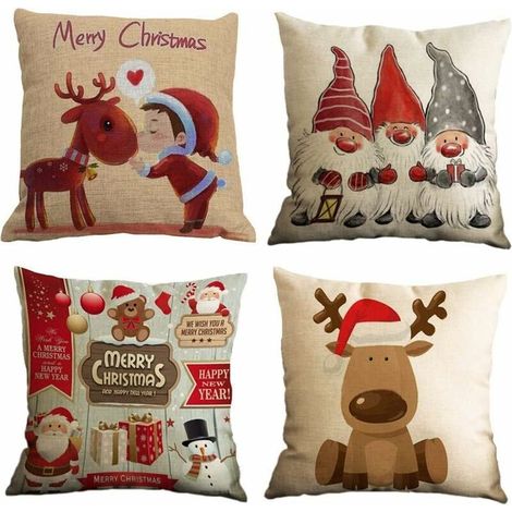 Taie d'oreiller, Lot de 4 en Coton et Lin Noël Wapiti Le père noël Bonhomme de Neige Nain Imprimé Housse De Coussin carré pour Lit Voiture De La Maison Canapé 45 x 45 cm (1/5)