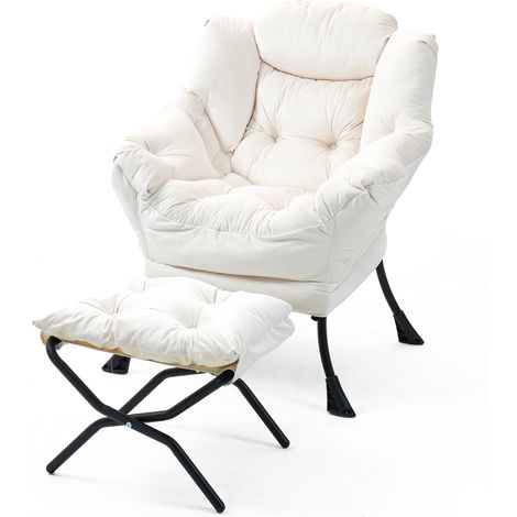 Fauteuil relax pliant avec repose-pieds et poche latérale, assise rembourrée confortable, montage facile, blanc cassé, pour salon et balcon CHICFURN (1/5)