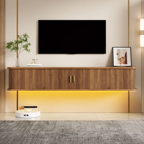 Mueble TV suspendido de 175 x 30 x 30 cm con LED controlable por app y puertas correderas acanaladas - Estilo moderno de MDF color nogal (1/5)
