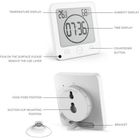 Horloge Salle De Bain - Affichage LCD Numérique - Thermomètre Et Hygromètre Intégrés - Alarme Et Calendrier - Alimentation Piles AAA - Étanche IPX4 (1/4)