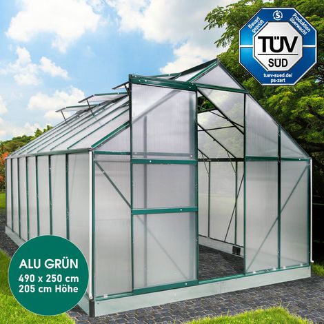 BRAST Gewächshaus Aluminium mit Fundament rostfrei TÜV geprüft 6mm Platten 490x250x205cm Grün