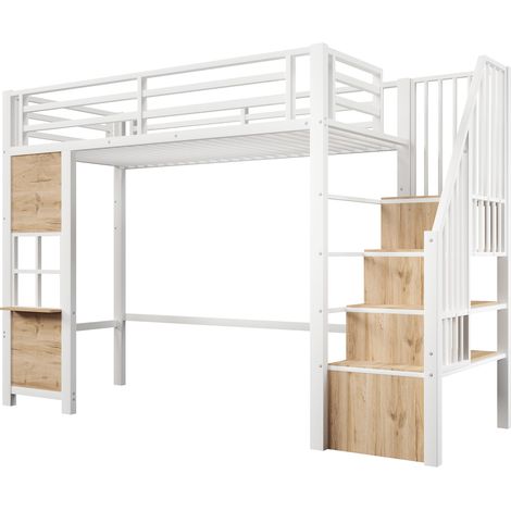 Lit mezzanine enfant 90 x 200 cm en métal et MDF blanc avec escalier de rangement et espace ouvert (1/5)