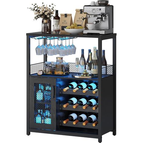 Meuble Bar Industriel Noir avec LED, Porte Grillagée, Porte-Verres et 3 Étagères Réglables (1/5)