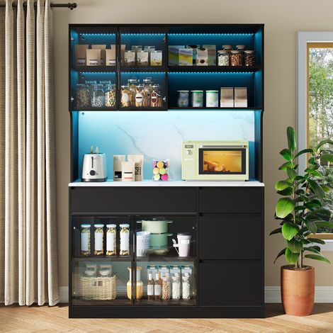 Vitrine buffet sideboard haut MDF LED rangements multiples design moderne noir blanc marbre élégant pratique salon salle à manger (1/5)
