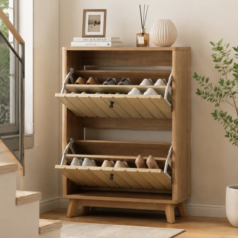 Scarpiera con 2 Ante, Ripiani Regolabili e Vano Chiuso, per Ingresso, MDF, Rovere, 91×44.5×19.5 cm (1/5)