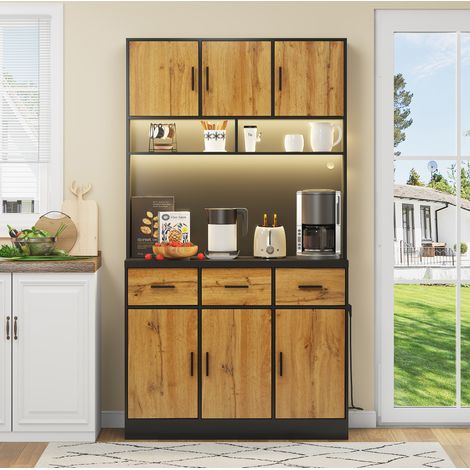 Aparador de cocina 100x40x180 cm negro y natural en MDF con LED, enchufes USB, estantes ajustables y cajones (1/5)
