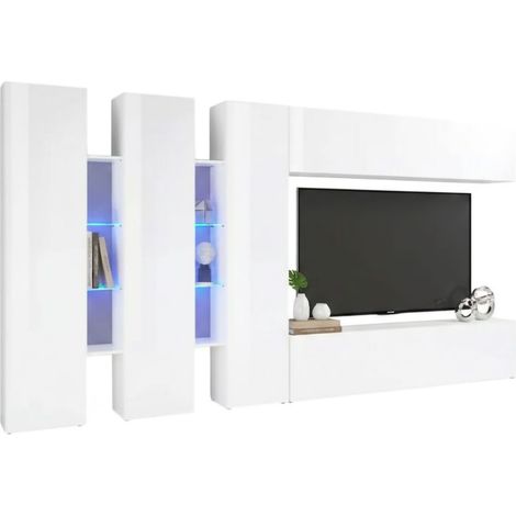 Dmora - Parete attrezzata Carretto, Set salotto porta TV a 5 ante, Mobile soggiorno multiuso, 100% Made in Italy, cm 340x30h180, Bianco lucido (1/5)