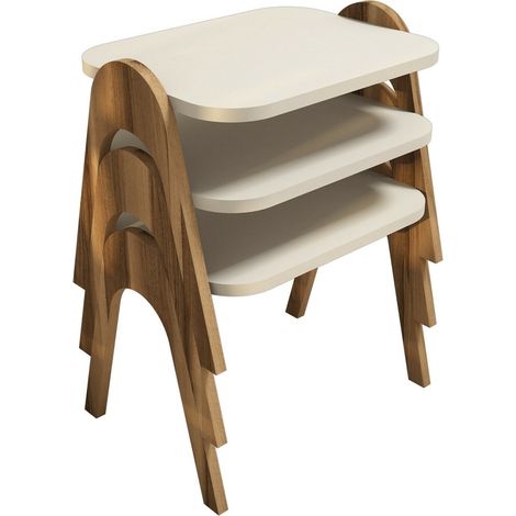 Lot de 3 bout de canapé Dilra Bois Naturel et Blanc crème (1/4)
