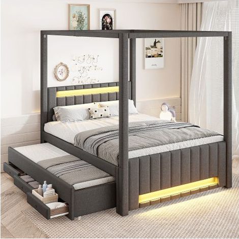 Lit Gigogne 140x200 cm - à Baldaquin et LED Multicolore - lit 2 places - 3 Tiroirs de Rangement Spacieux, Rembourré en Lin Gris Chic (1/5)