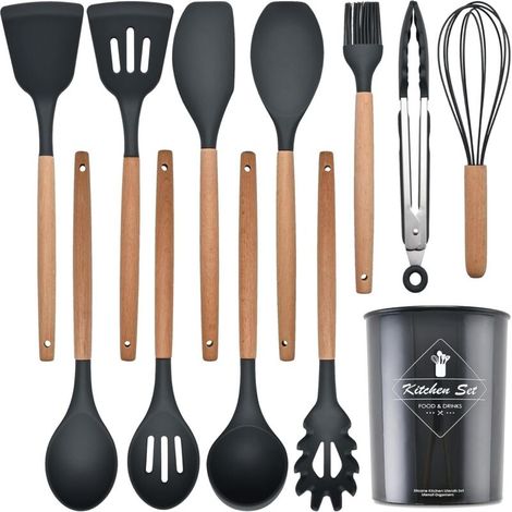 Set de 12 Ustensiles de Cuisine en Silicone Alimentaire – Résistants à 446℉, Antiadhésifs, avec Manches en Bois, Cuillère et Spatule