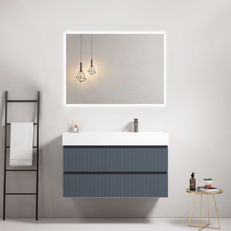 Mobile bagno sospeso cannettato 100 cm Blu Mare Lavabo a Destra in Resina Specchio Quadro Retroilluminato - Fiji Paint (1/4)