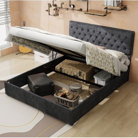 Letto contenitore adulto 140x200 cm con testiera quadrata, rete a doghe, velluto grigio, materasso non incluso (1/5)