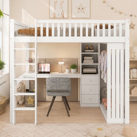 Lit mezzanine 140 x 200 cm blanc en bois et MDF avec bureau, armoire, 3 tiroirs, rangement ouvert, garde-corps et escalier sans matelas – de FLORAGRACE (1/5)