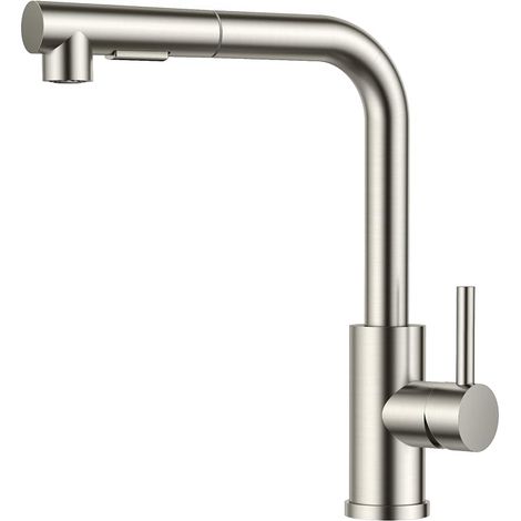 Robinet Cuisine, Mitigeur Cuisine avec Douchette Extractible, 2 Modes de Pulvérisation et Pivotante à 360°, En Forme de L Acier Inoxydable Monolevier Robinet Evier (1/5)