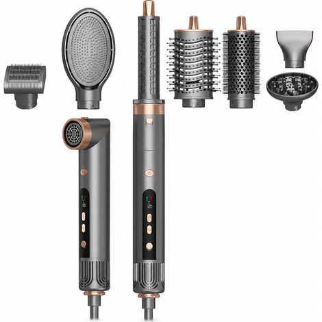 Brosse soufflante et boucleur 7-en-1 avec affichage numérique, gris, fiche US avec protection différentielle (1/5)