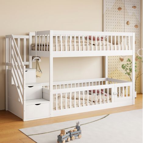 Letto a castello 90x200 cm in legno bianco con scala contenitore, senza materasso - CHICFURN (1/5)