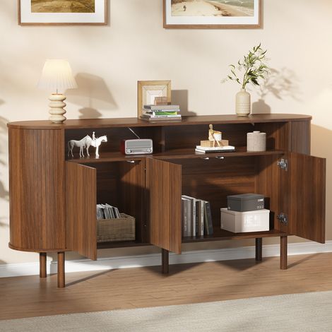 Sideboard mit 3 Wellenschranktüren und 2 Offenen Fächern, 5 Holzbeinen, für Wohnzimmer, Walnuss, 160 × 40 × 78.5 cm (1/5)