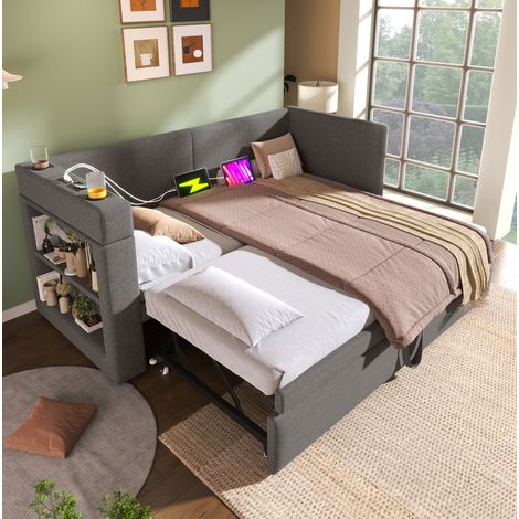 Bett Daybed 90x200 cm grau, gepolstert in Baumwoll-Leinen-Mix, mit Ausziehbett, reversible Armlehnen, USB/Type-C (1/5)