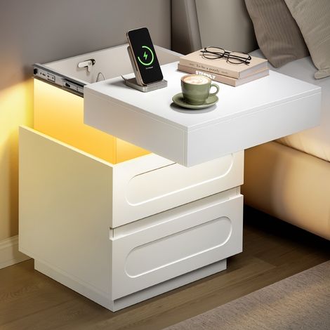 WOLTU 1x Nachttisch Nachtschrank mit Ladefunktion und LED-Beleuchtung, Beistelltisch Geheimfach 2 Schubladen, für Schlafzimmer Wohnzimmer, 45x58x40 cm, Weiß