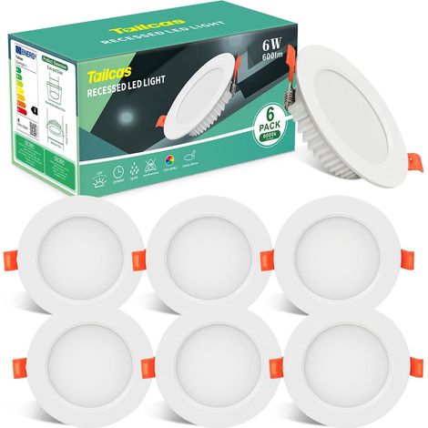 LED Spot Encastré Extra Plat 6W, 600lm Blanc Froid Plafonnier Rond Spot de Plafond Angle 120° Equivalent 60W Halogène, 6000K 230V Éclairage Plafond Encastré Pour Salle de Cuisine (Lot de 6)