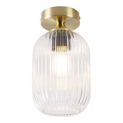 Qazqa – Plafonnier LED Art Déco en laiton – Verre nervuré – Diamètre 14 cm – Hauteur 24,5 cm – Douille E27 – Compatible variateur (1/5)