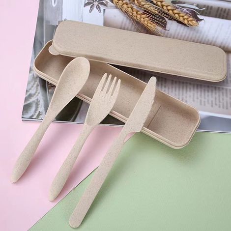 Ensemble de couverts en paille de blé, moderne et portable, comprenant une fourchette, une cuillère et un couteau, avec boîte, pour le bureau, l'école et les pique-niques, beige. (1/5)