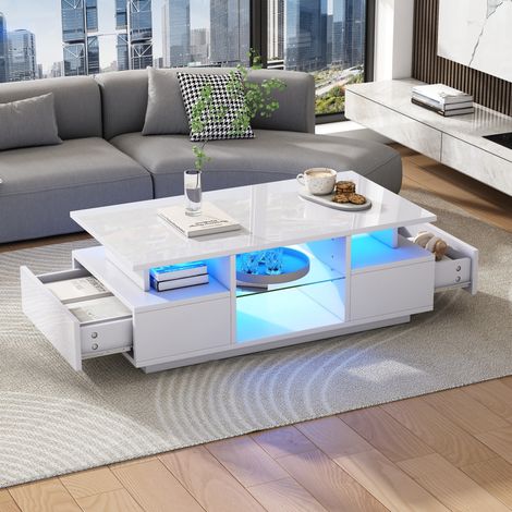 Mesa baja blanca brillante 100 x 50 x 36 cm con LED, 2 cajones y estantes abiertos de vidrio (1/5)