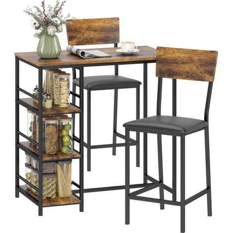 HOMCOM Industrial Bar Table Set with Storage and Padded Seats, Rustic Brown