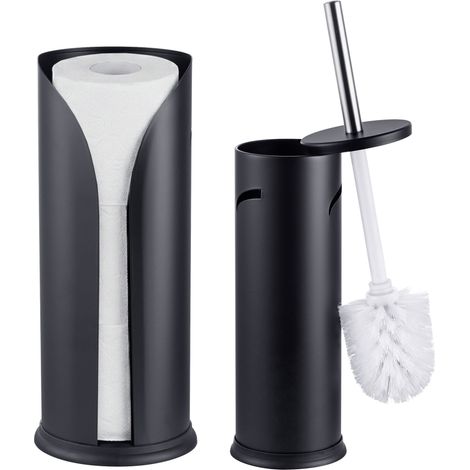 Relaxdays, ensemble porte-papier et brosse WC, acier, tête de brosse remplaçable, 3 rouleaux, noir