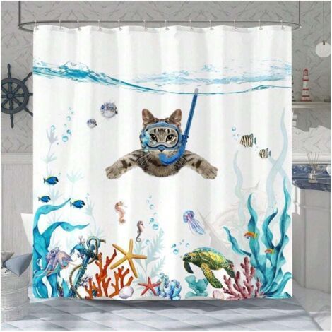 Funny Cat Shower Curtain, Teal Waterproof Fabric with Animal Pattern, Octopus, Starfish, Turtle, Anchor, Fish, Nautical Bathroom Decor (Blue, 180 x 180 cm (1/4)