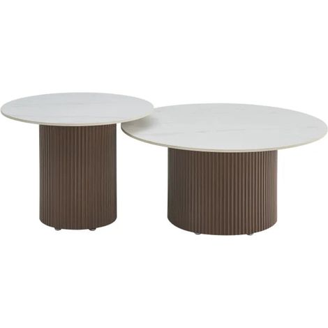 Duo Tables Gigognes Rondes Céramique Marbre Blanc & Pied Noyer Ø80 cm – BAIETA (1/5)