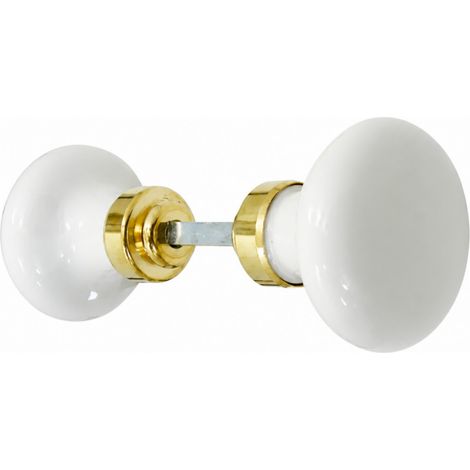 Bouton double rond en porcelaine blanche – Laiton poli – Carré 6 – Poignée de porte d'entrée à cylindre – Finition haut de gamme