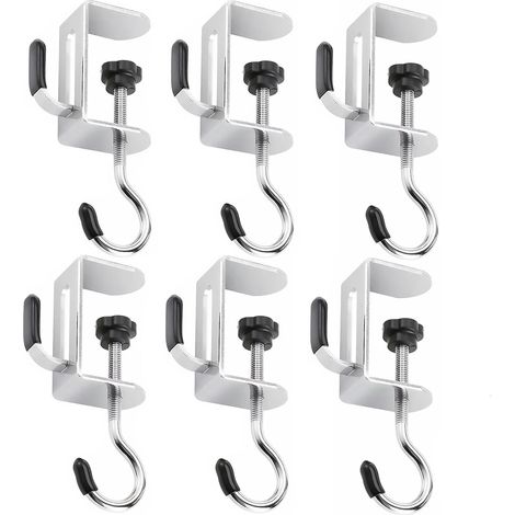 Soporte ajustable de acero inoxidable con clip para escritorio (6 piezas) para oficinas, hogares, dormitorios, mesas de comedor, bolsos portátiles, mochilas y almacenamiento de auriculares. (1/5)