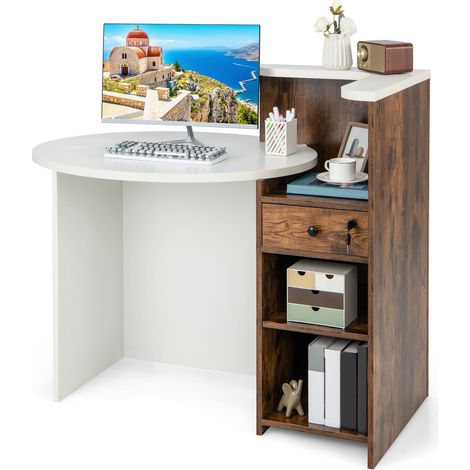 COSTWAY Reception Desk Front Counter Desk w/ Lockable Drawer-White (1/5)