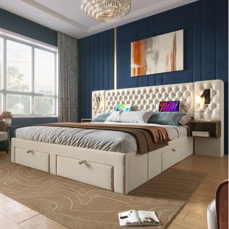 DESVIAE Lit double rembourré 160 x 200 cm avec 2 tables de chevet 4 tiroirs liseuses USB Type C beige velours (1/5)
