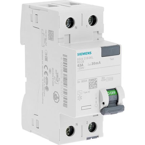 Siemens – Interrupteur différentiel 30 mA 63 A Type AC – Protection contre électrocution – Connexion par bornes à vis – Conforme norme EN 61008-1 (1/3)