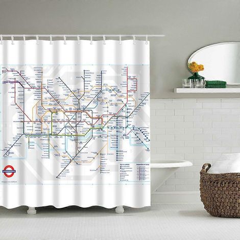 London U-Bahn-Plan Badezimmer Wasserdichter Duschvorhang aus Stoff Set mit 12 Haken 71 I