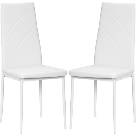 Set aus 2 Esszimmerstühlen mit hoher Rückenlehne, weißem Kunstlederbezug, Stahlbeinen (1/5)