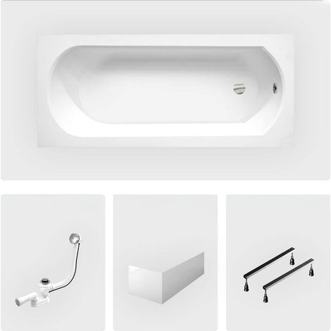 Rechteckige Badewanne - 150 x 75 cm - mit weißer Frontschürze - Füße - Chromablauf - INTRICA (1/4)