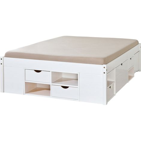 Bett mit Staufächern und Nachttisch mit Rädern in weiß wasserlackierter massiver Kiefer (1/5)